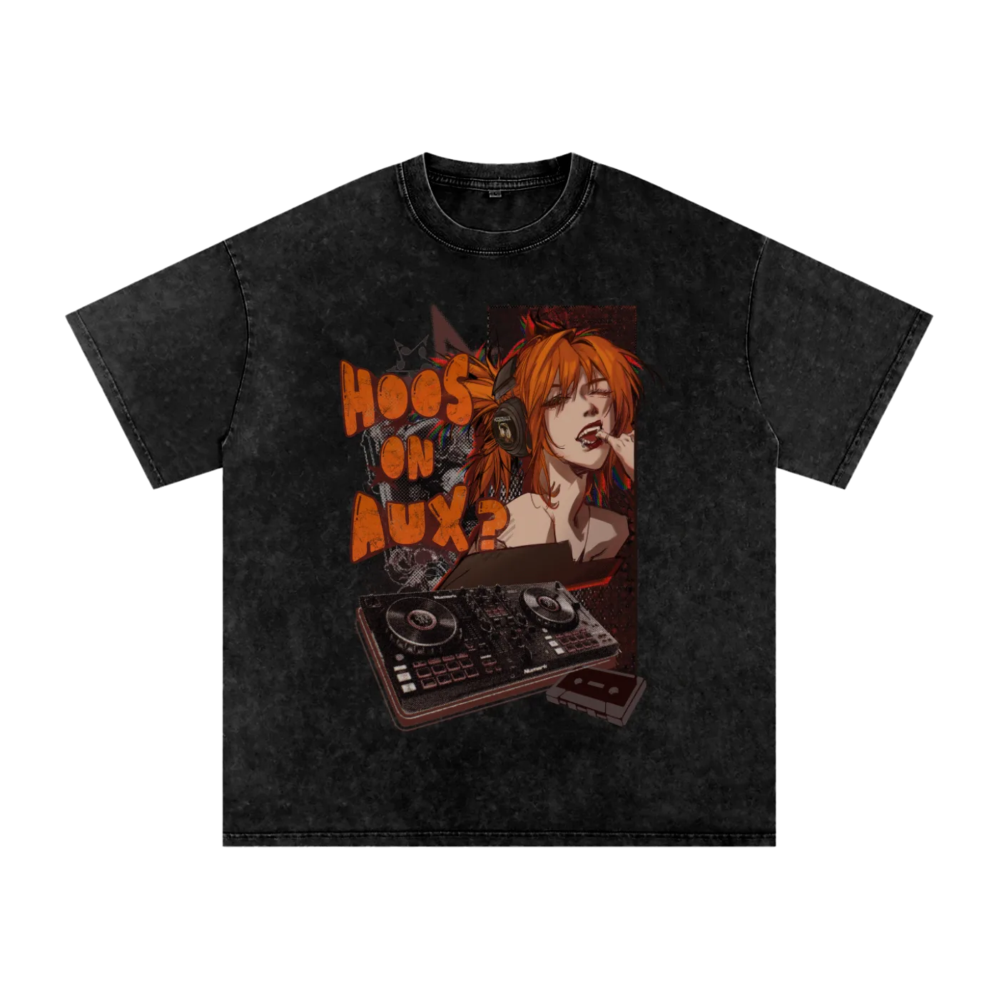 HoosOnAux tee — dark colorway with the HoosOnAux turntable graphic